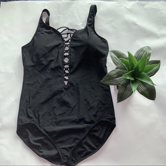 Aqua Green Black Strappy One Piece Swimsuit - Picture 1 of 9